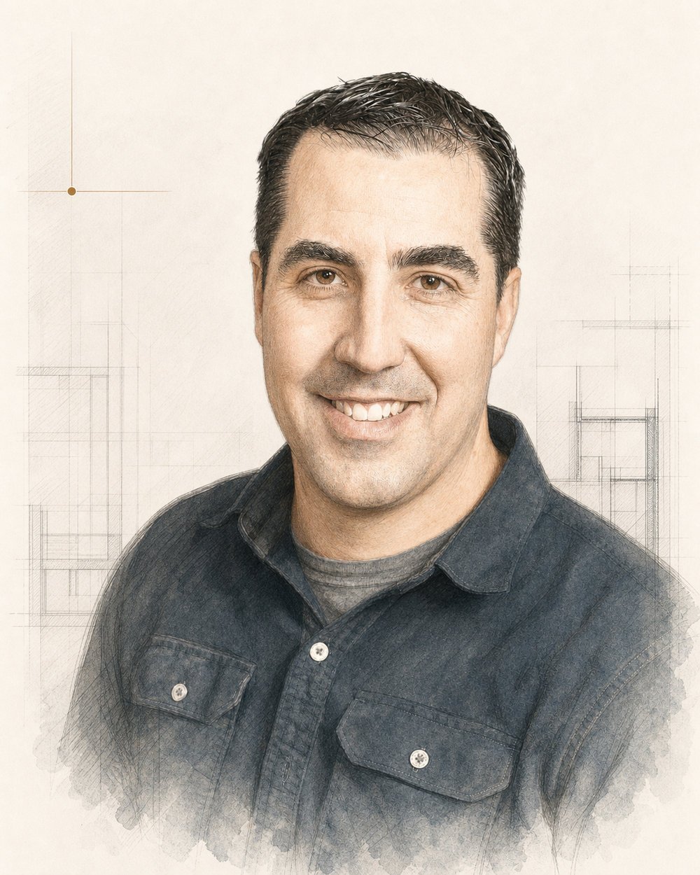 Illustrated portrait of Mitch Marchand, founder of EMF Aware, rendered in pencil and watercolour over an architectural line drawing.